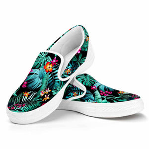 Teal Tropical Leaf Hawaii Pattern Print White Slip On Sneakers