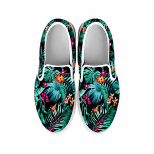 Teal Tropical Leaf Hawaii Pattern Print White Slip On Sneakers