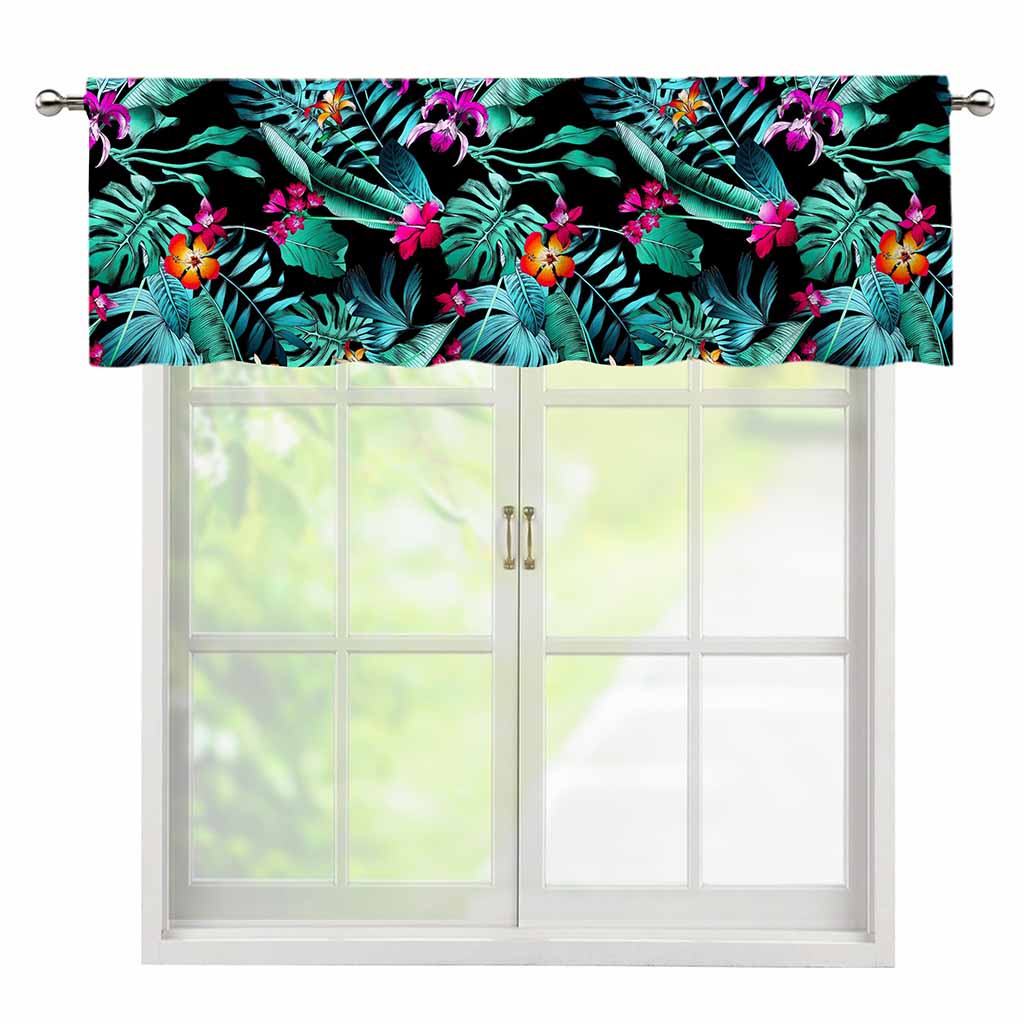 Teal Tropical Leaf Hawaii Pattern Print Window Valance