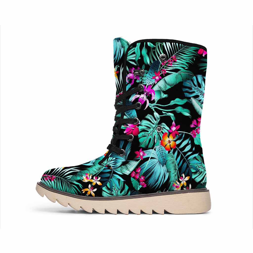 Teal Tropical Leaf Hawaii Pattern Print Winter Boots