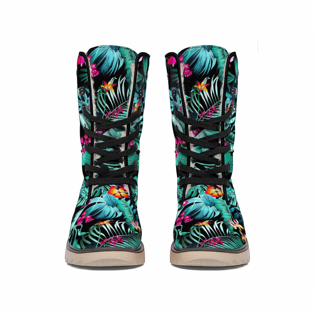 Teal Tropical Leaf Hawaii Pattern Print Winter Boots