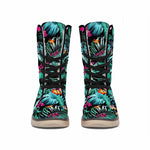 Teal Tropical Leaf Hawaii Pattern Print Winter Boots