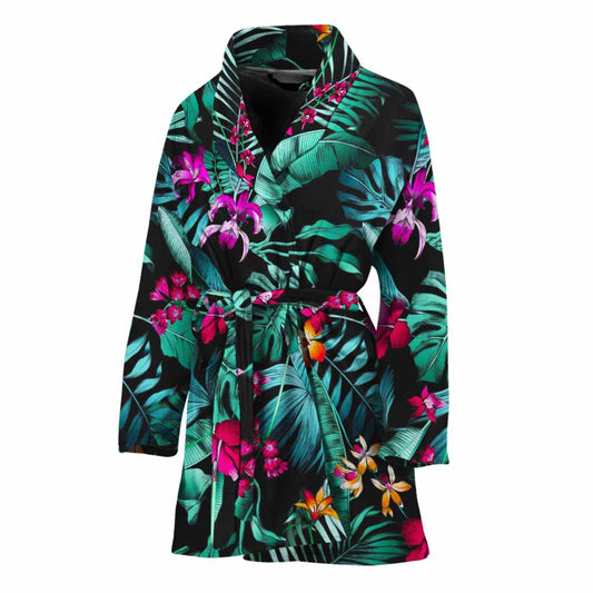 Teal Tropical Leaf Hawaii Pattern Print Women's Bathrobe