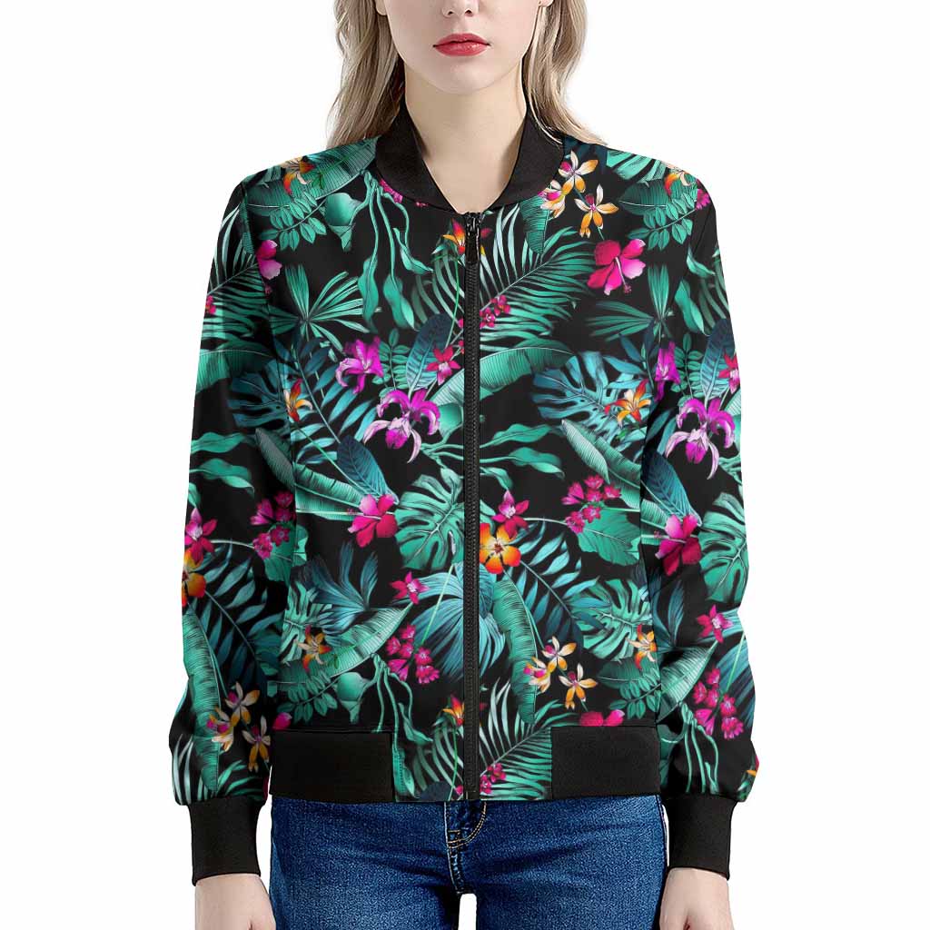 Teal Tropical Leaf Hawaii Pattern Print Women's Bomber Jacket