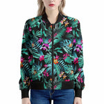 Teal Tropical Leaf Hawaii Pattern Print Women's Bomber Jacket