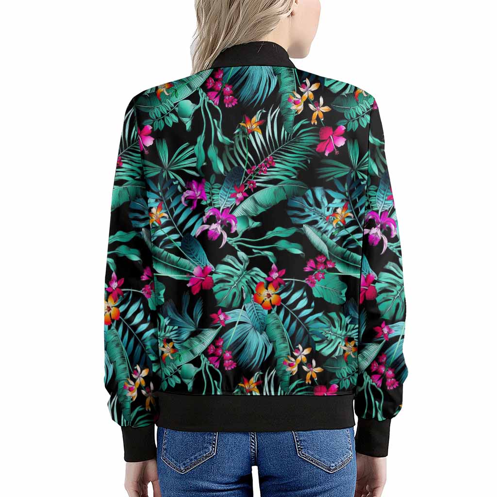 Teal Tropical Leaf Hawaii Pattern Print Women's Bomber Jacket