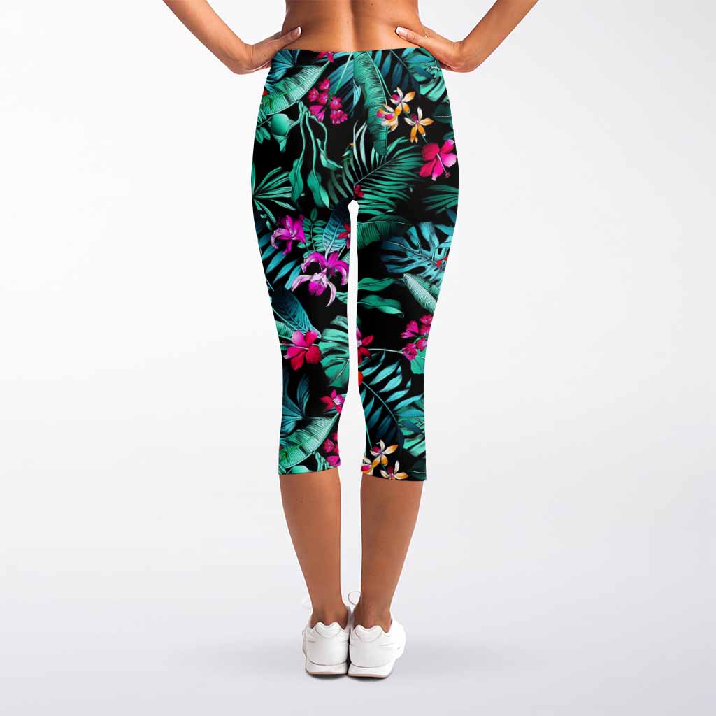 Teal Tropical Leaf Hawaii Pattern Print Women's Capri Leggings