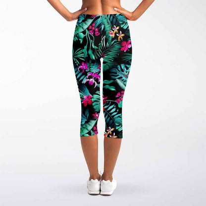 Teal Tropical Leaf Hawaii Pattern Print Women's Capri Leggings