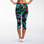 Teal Tropical Leaf Hawaii Pattern Print Women's Capri Leggings
