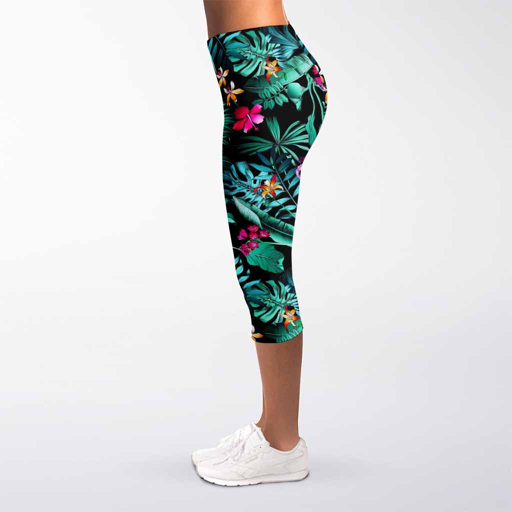 Teal Tropical Leaf Hawaii Pattern Print Women's Capri Leggings