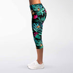 Teal Tropical Leaf Hawaii Pattern Print Women's Capri Leggings