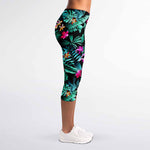 Teal Tropical Leaf Hawaii Pattern Print Women's Capri Leggings
