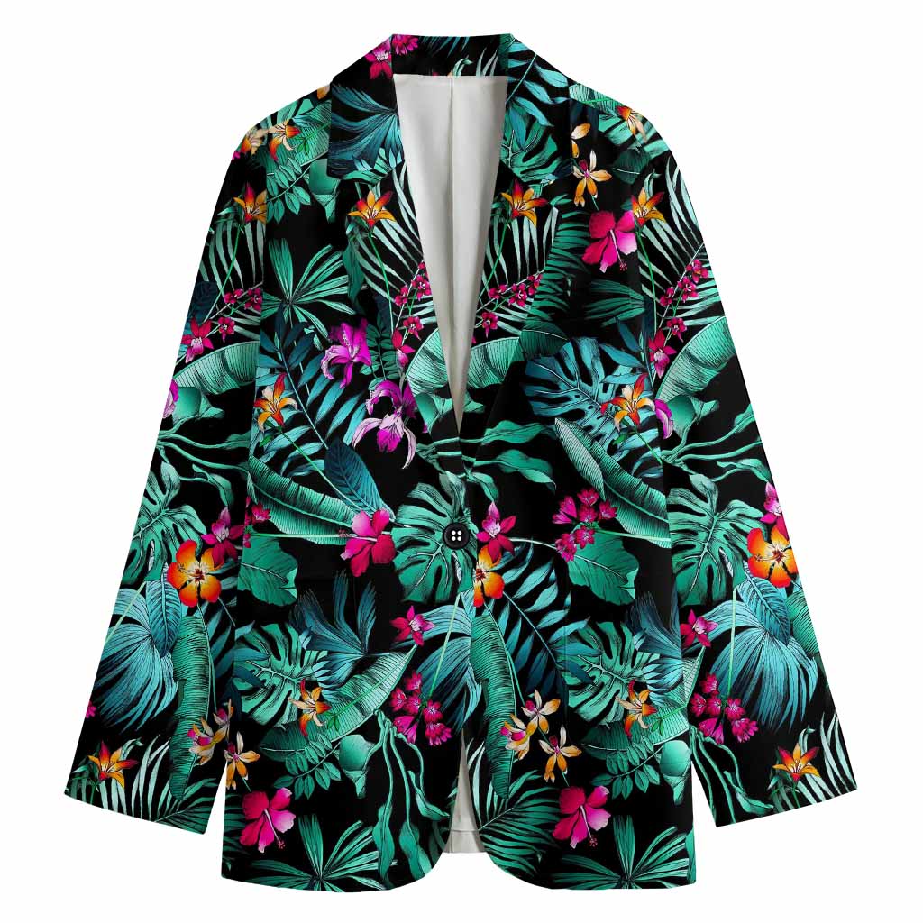 Teal Tropical Leaf Hawaii Pattern Print Women's Cotton Blazer