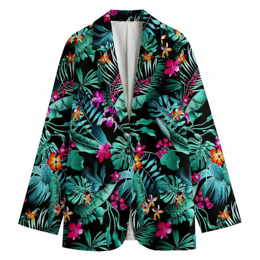 Teal Tropical Leaf Hawaii Pattern Print Women's Cotton Blazer