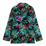 Teal Tropical Leaf Hawaii Pattern Print Women's Cotton Blazer