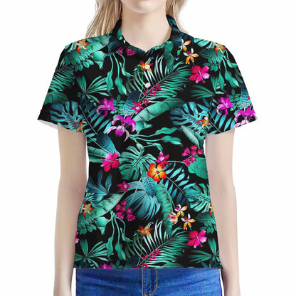 Teal Tropical Leaf Hawaii Pattern Print Women's Polo Shirt