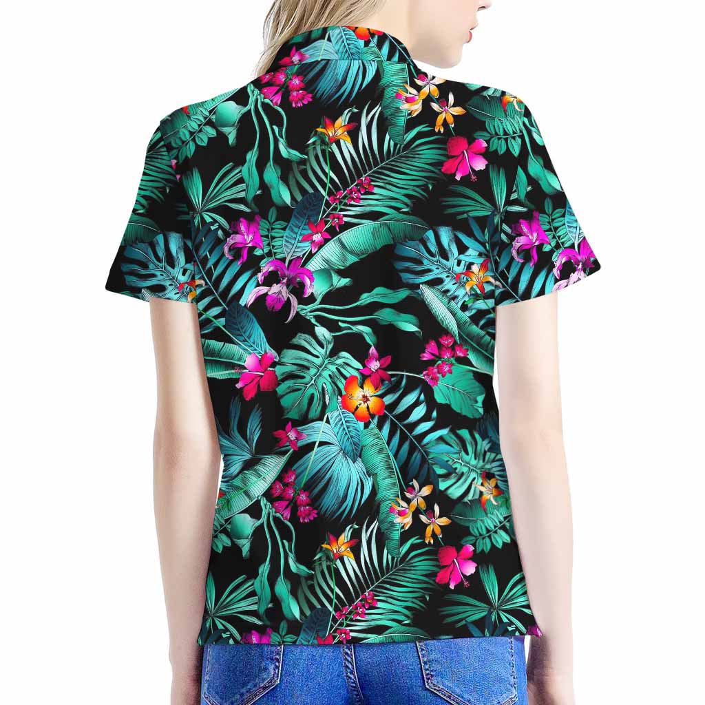 Teal Tropical Leaf Hawaii Pattern Print Women's Polo Shirt