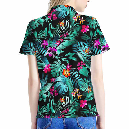 Teal Tropical Leaf Hawaii Pattern Print Women's Polo Shirt