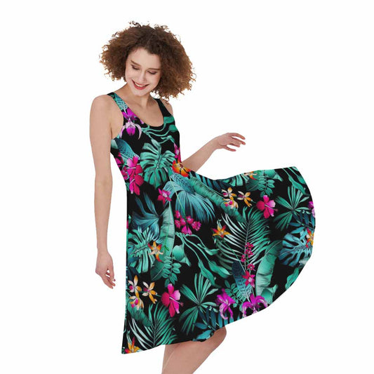 Teal Tropical Leaf Hawaii Pattern Print Women's Sleeveless Dress