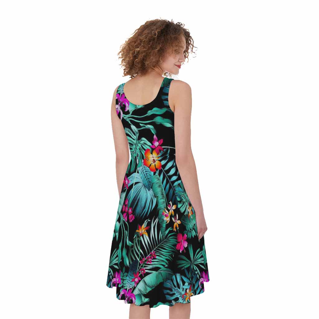Teal Tropical Leaf Hawaii Pattern Print Women's Sleeveless Dress