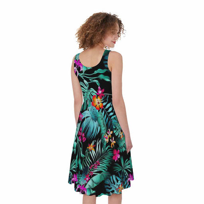 Teal Tropical Leaf Hawaii Pattern Print Women's Sleeveless Dress