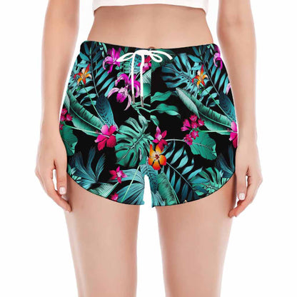 Teal Tropical Leaf Hawaii Pattern Print Women's Split Running Shorts