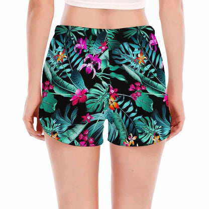 Teal Tropical Leaf Hawaii Pattern Print Women's Split Running Shorts