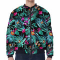 Teal Tropical Leaf Hawaii Pattern Print Zip Sleeve Bomber Jacket