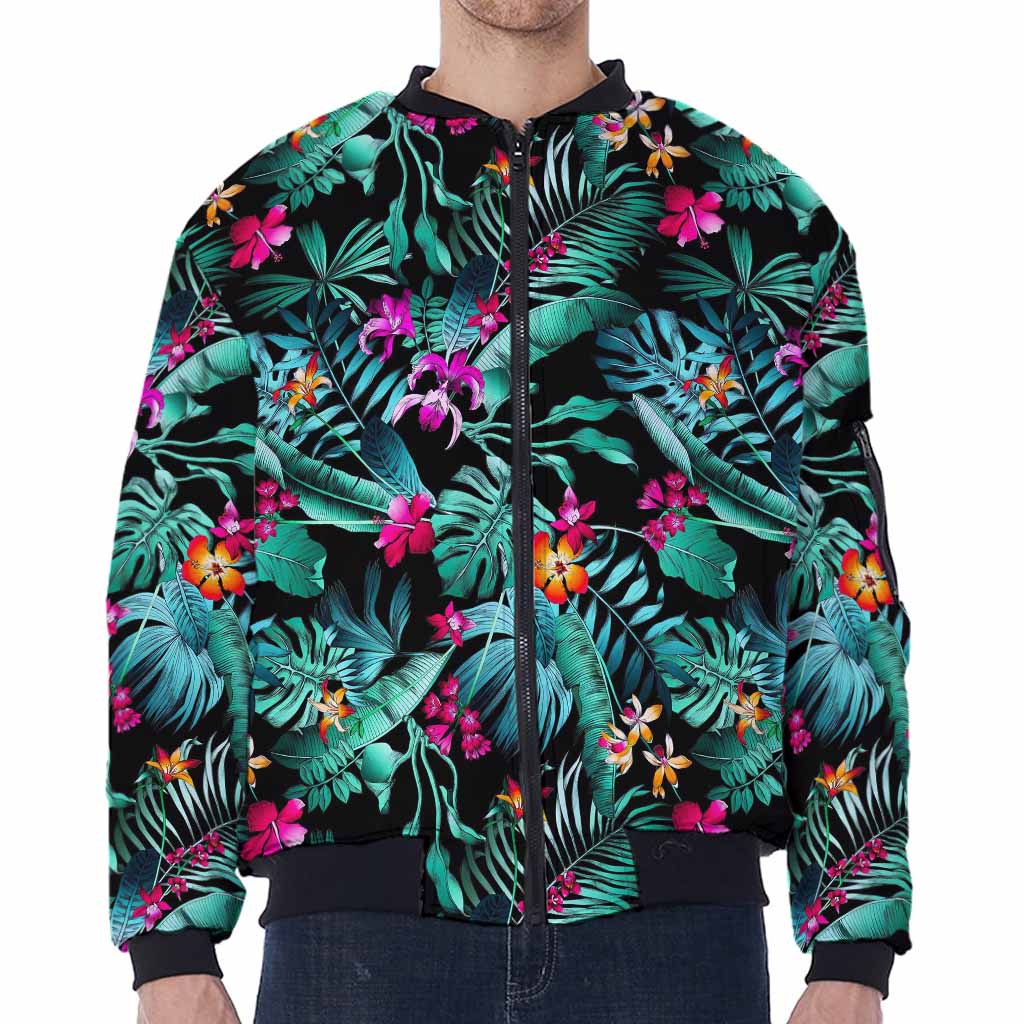 Teal Tropical Leaf Hawaii Pattern Print Zip Sleeve Bomber Jacket