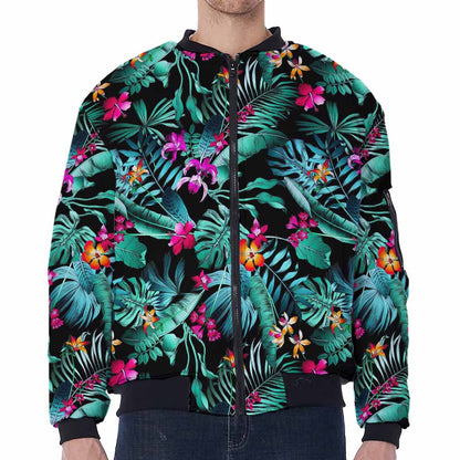 Teal Tropical Leaf Hawaii Pattern Print Zip Sleeve Bomber Jacket