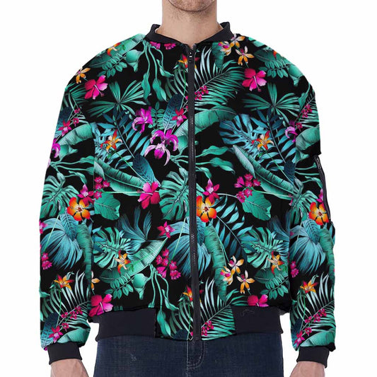 Teal Tropical Leaf Hawaii Pattern Print Zip Sleeve Bomber Jacket