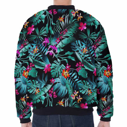 Teal Tropical Leaf Hawaii Pattern Print Zip Sleeve Bomber Jacket