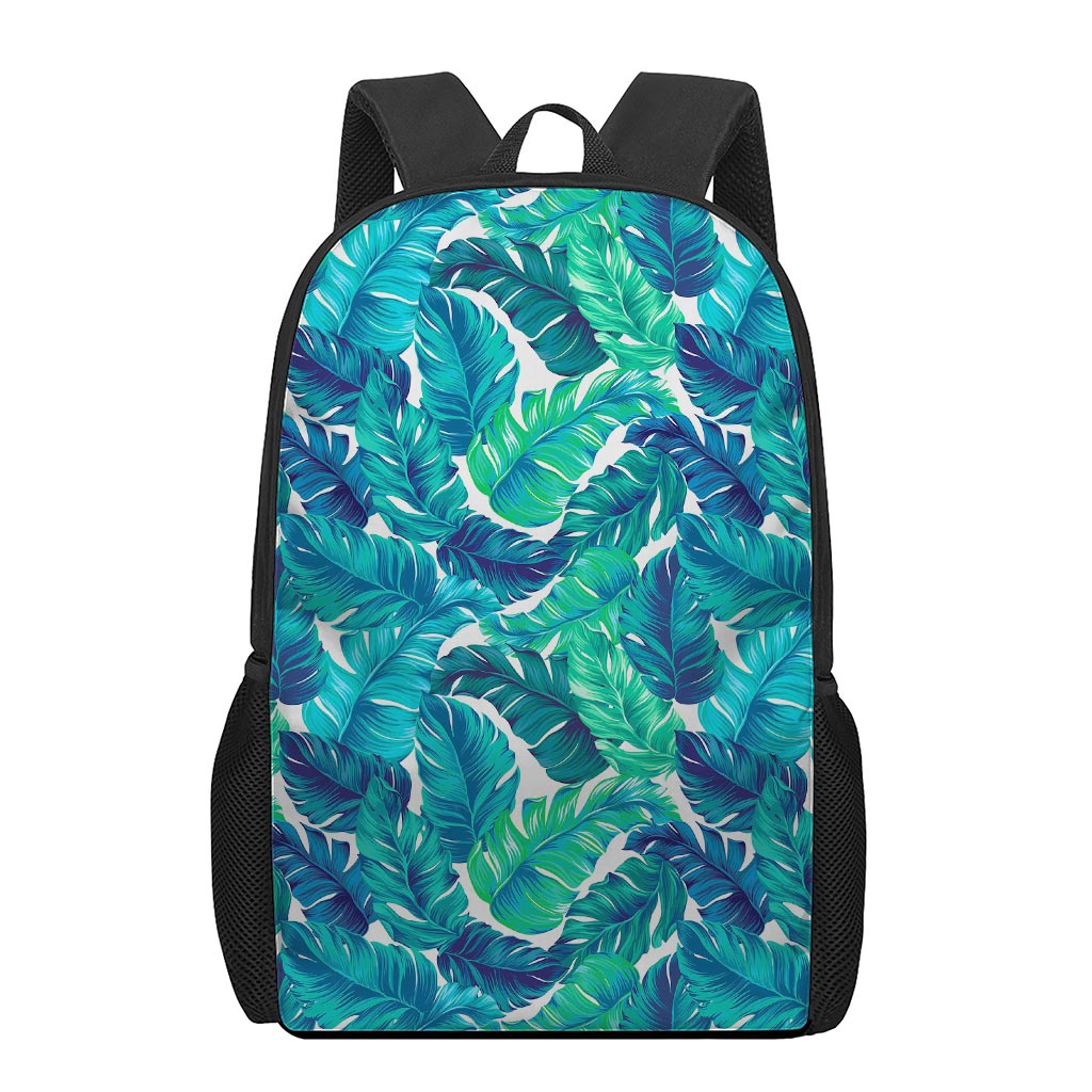Teal Tropical Leaf Pattern Print 17 Inch Backpack