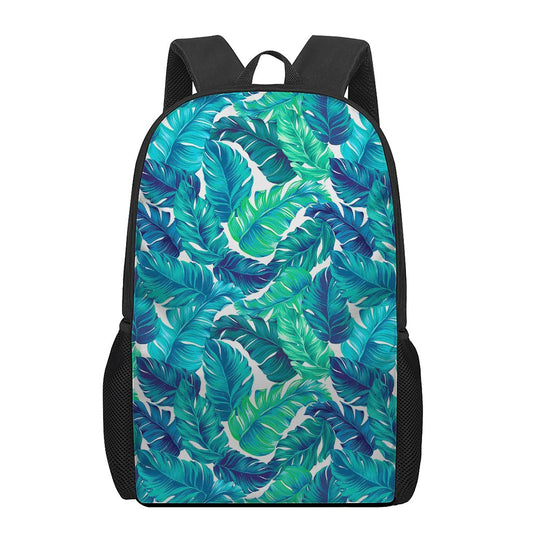 Teal Tropical Leaf Pattern Print 17 Inch Backpack