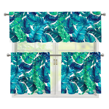 Teal Tropical Leaf Pattern Print 3 Piece Kitchen Curtains