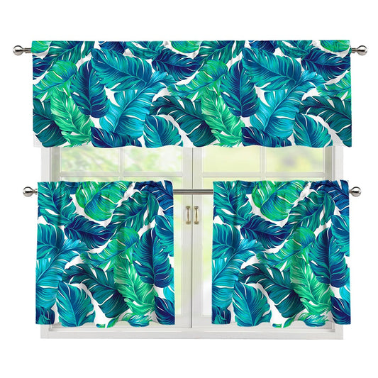 Teal Tropical Leaf Pattern Print 3 Piece Kitchen Curtains