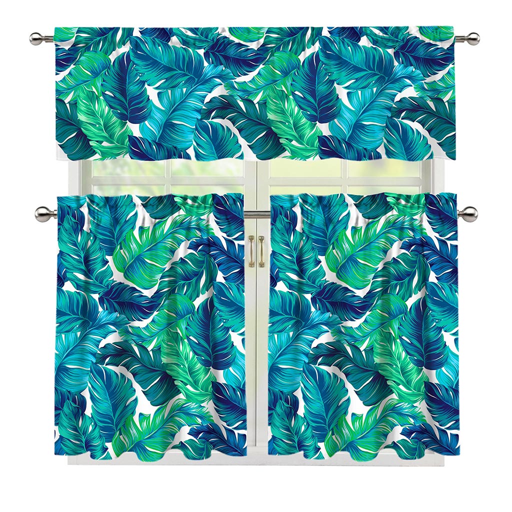 Teal Tropical Leaf Pattern Print 3 Piece Kitchen Curtains