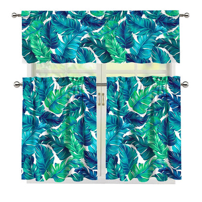 Teal Tropical Leaf Pattern Print 3 Piece Kitchen Curtains