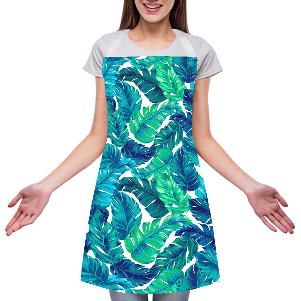 Teal Tropical Leaf Pattern Print Adjustable Apron