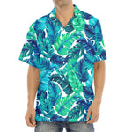 Teal Tropical Leaf Pattern Print Aloha Shirt