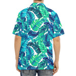 Teal Tropical Leaf Pattern Print Aloha Shirt