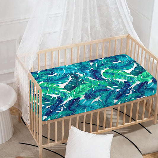 Teal Tropical Leaf Pattern Print Baby Crib Sheet