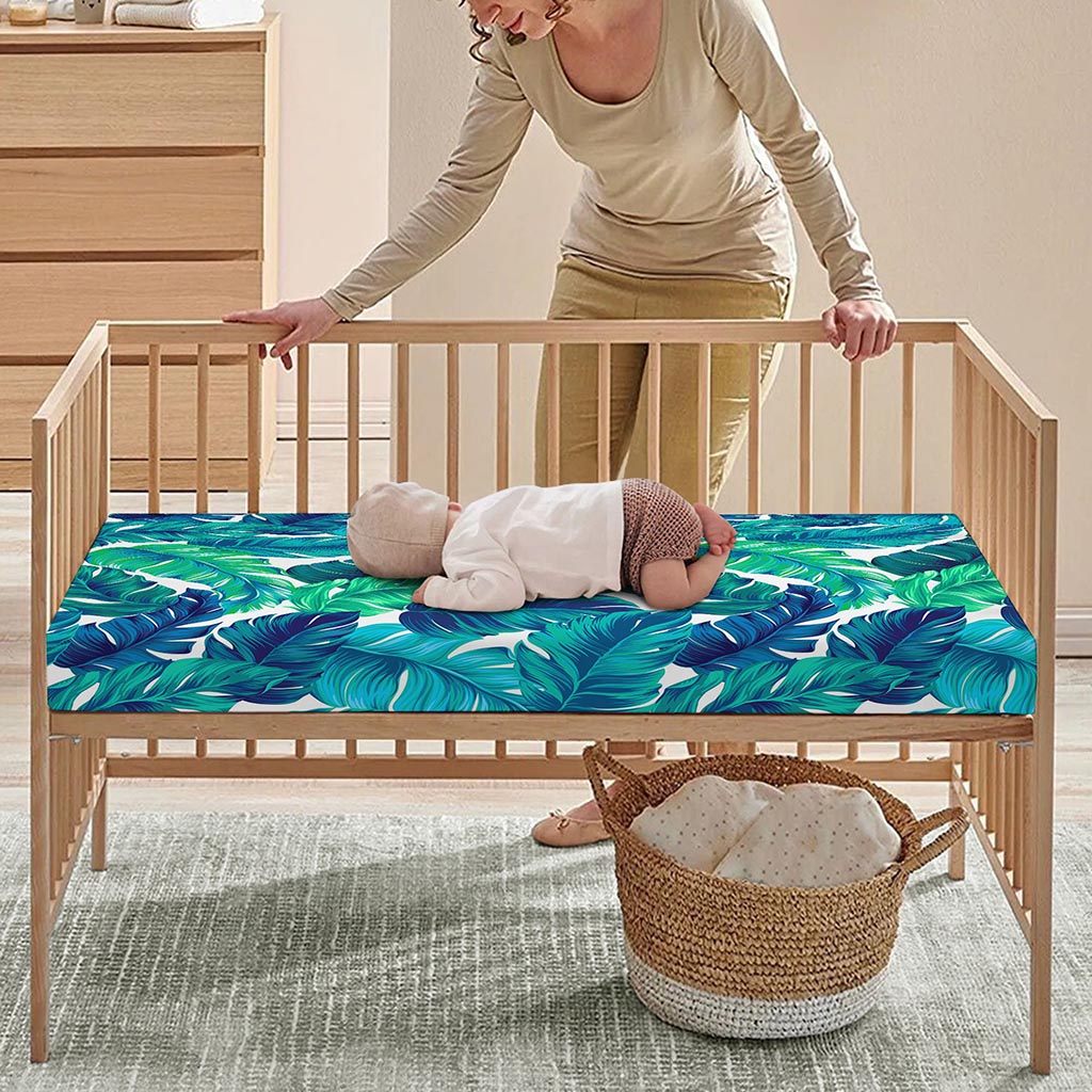 Teal Tropical Leaf Pattern Print Baby Crib Sheet