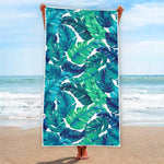 Teal Tropical Leaf Pattern Print Beach Towel