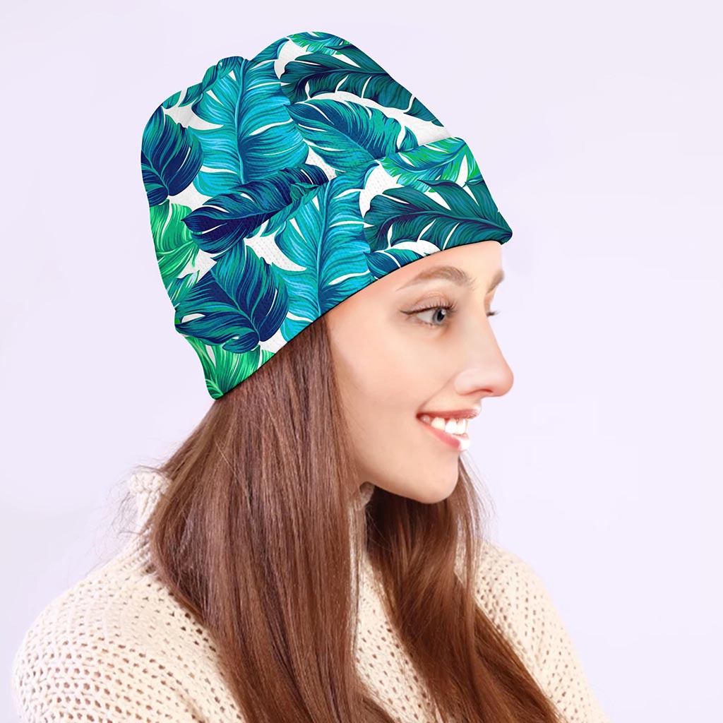 Teal Tropical Leaf Pattern Print Beanie