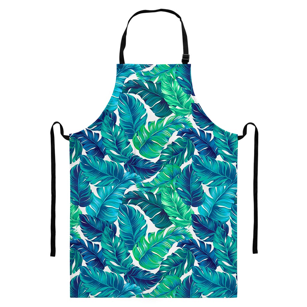 Teal Tropical Leaf Pattern Print Bib Apron With Pocket