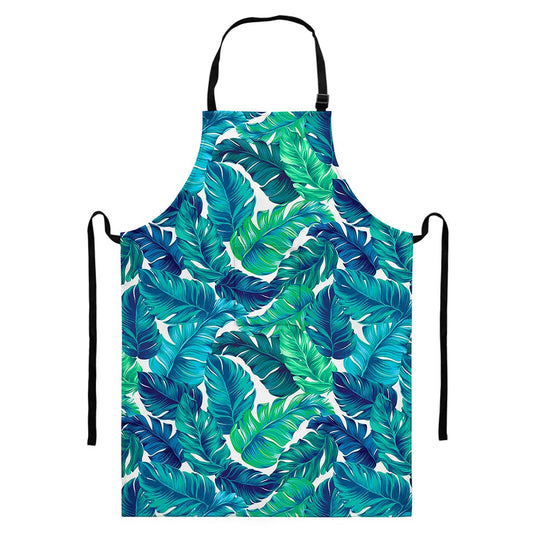 Teal Tropical Leaf Pattern Print Bib Apron With Pocket