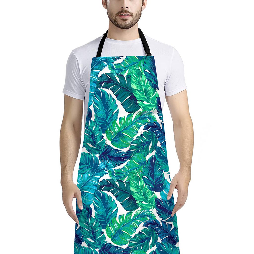 Teal Tropical Leaf Pattern Print Bib Apron With Pocket
