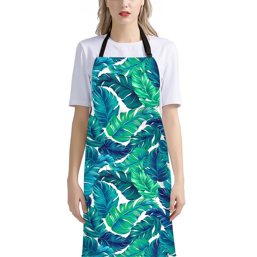 Teal Tropical Leaf Pattern Print Bib Apron With Pocket