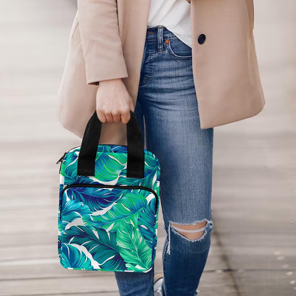 Teal Tropical Leaf Pattern Print Bible Tote Bag